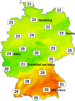 Deutschlandkarte mit Mittagstemperaturen am 27.07.2024