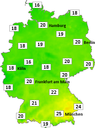 Deutschlandkarte mit Abendtemperaturen am 27.07.2024