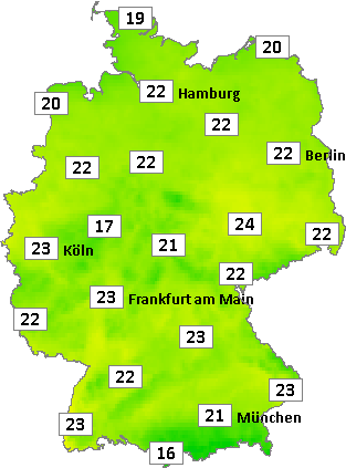 Deutschlandkarte mit Mittagstemperaturen am 28.07.2024