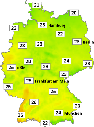Deutschlandkarte mit Mittagstemperaturen am 29.07.2024