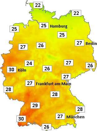Deutschlandkarte mit Mittagstemperaturen am 30.07.2024