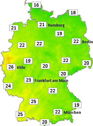 Deutschlandkarte mit Abendtemperaturen am 30.07.2024