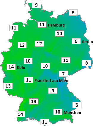 Deutschlandkarte mit Mittagstemperaturen am 24.11.2024